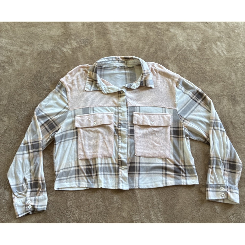 Women's Top XL Multicolor Shacket Button Up Plaid Cropped Indie Grunge Skater